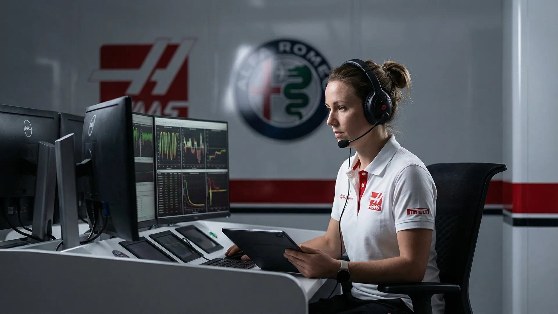 Weibliche Renningenieurin an Telemetrie-Bildschirmen