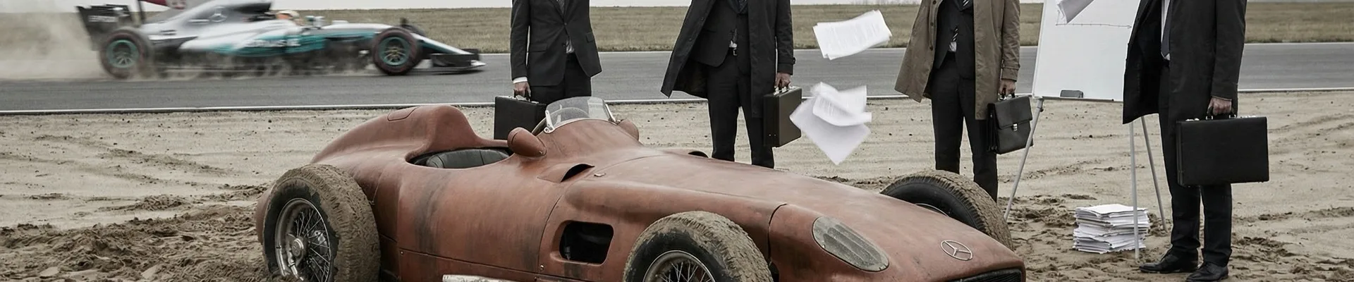 Veralteter Rennwagen steckt fest während moderner F1 vorbeifährt