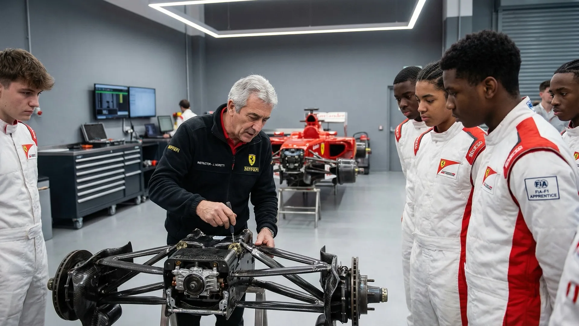 F1 Team Trainingseinrichtung mit Ausbilder und Auszubildenden