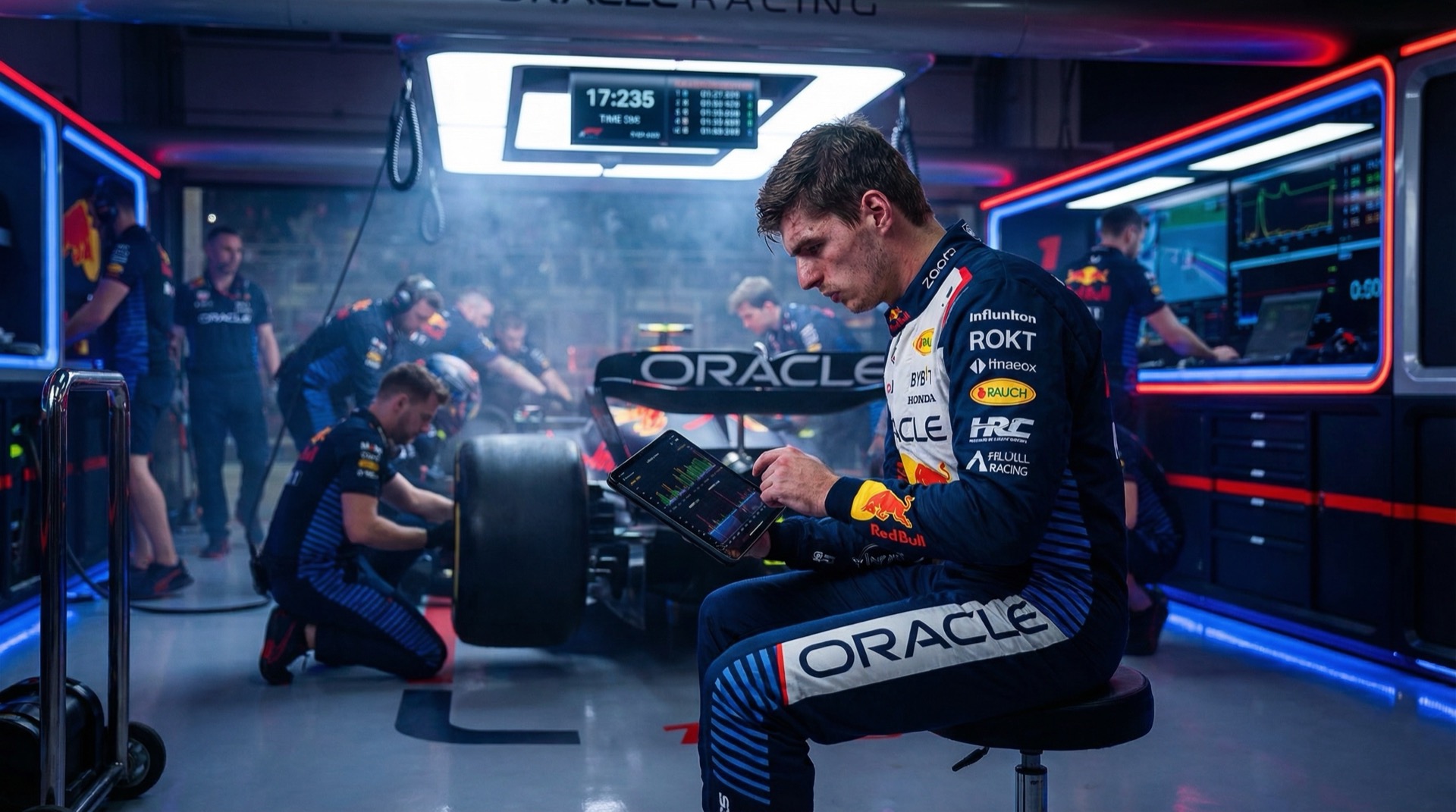 F1-Fahrer bei strategischem Boxenstopp studiert Renndaten