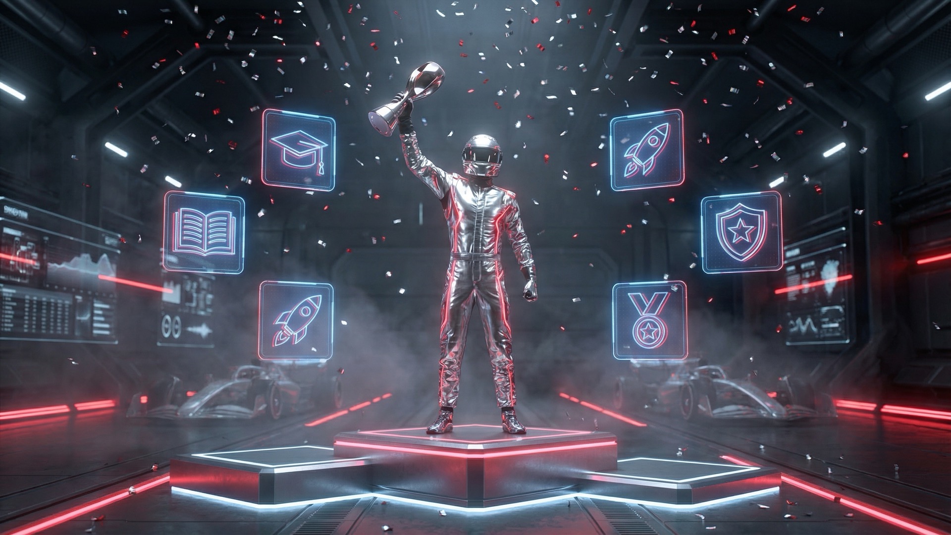 F1 Fahrer auf Siegerpodest mit Trophäe - CGI Darstellung im AIPA Stil